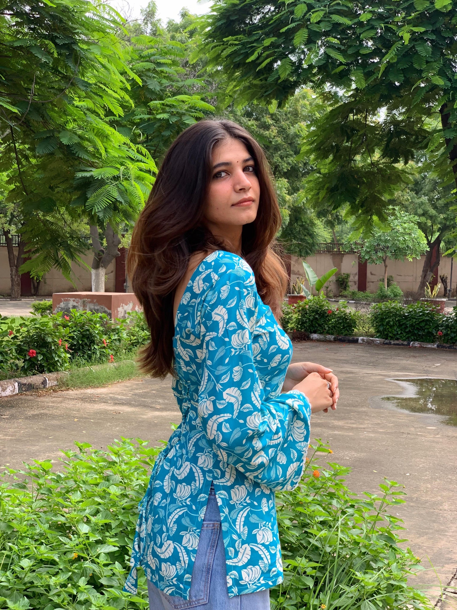 Blue Floral Block Kurti