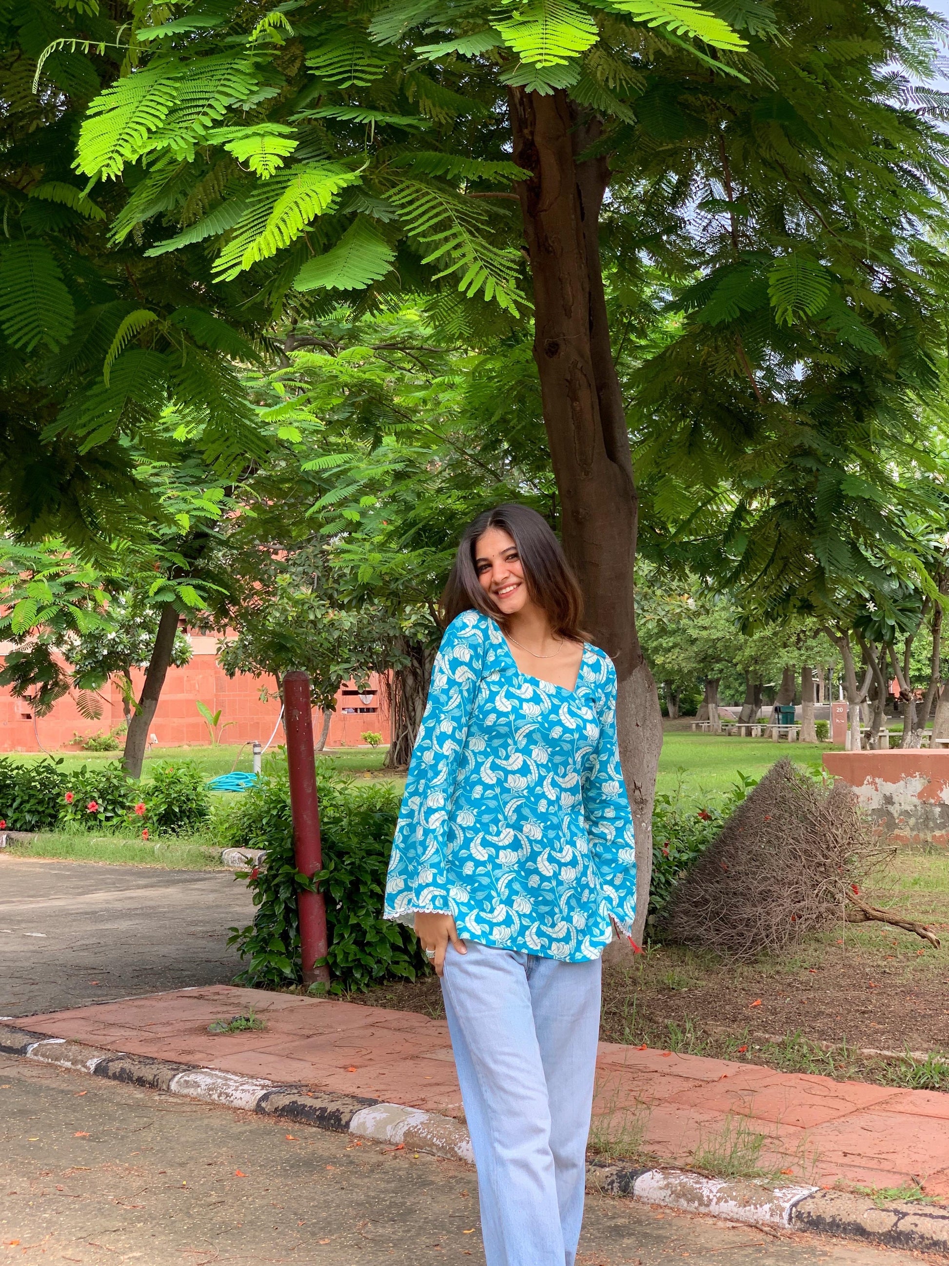 Blue Floral Block Kurti