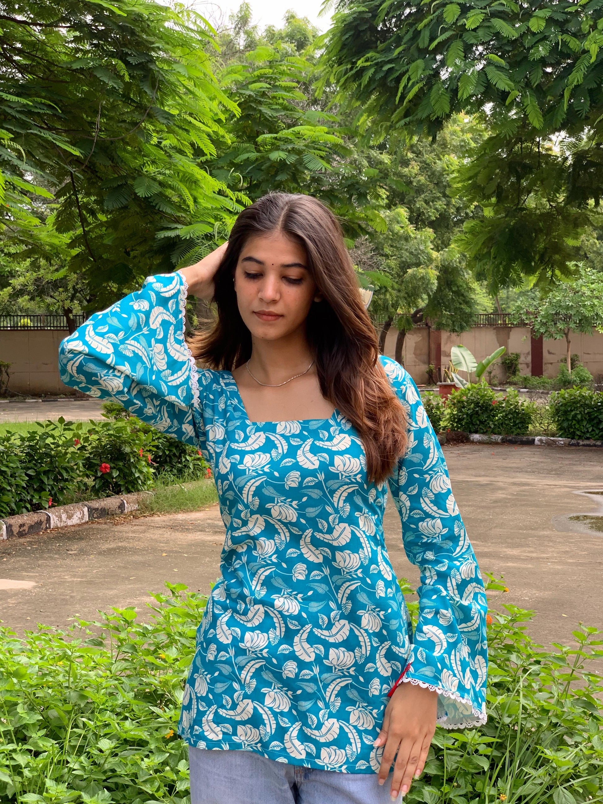 Blue Floral Block Kurti