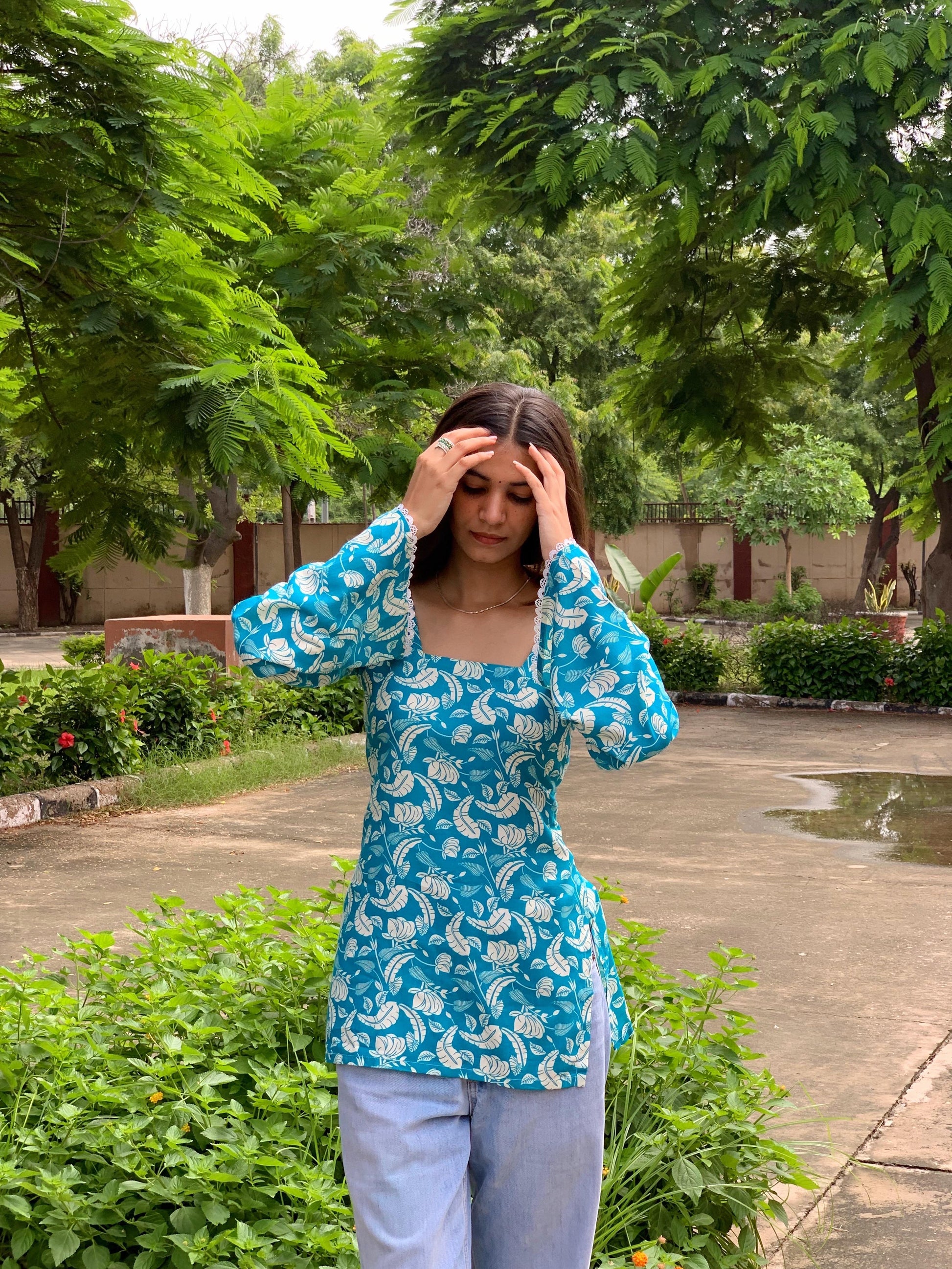 Blue Floral Block Kurti